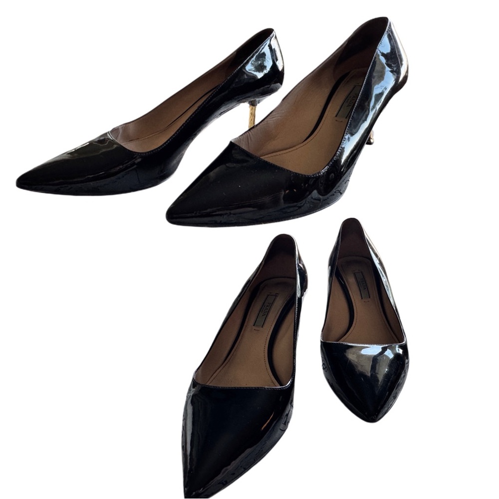 Prada Black Patent Leather Heels with Gold Accents